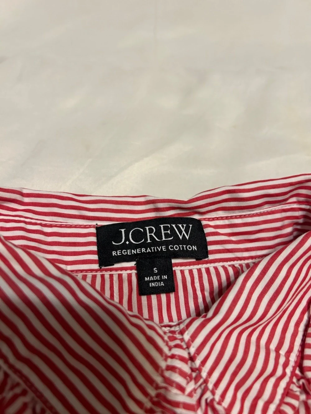 LiKe❤️for $10 off🍎 J Crew red stripe regenerative cotton crop ruffle shirt